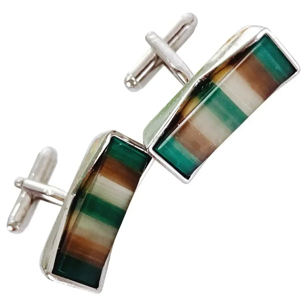 Vintage 1970s Striped Glass Inlay Modernist Geometric Cufflinks Mens Mod Jewelry
